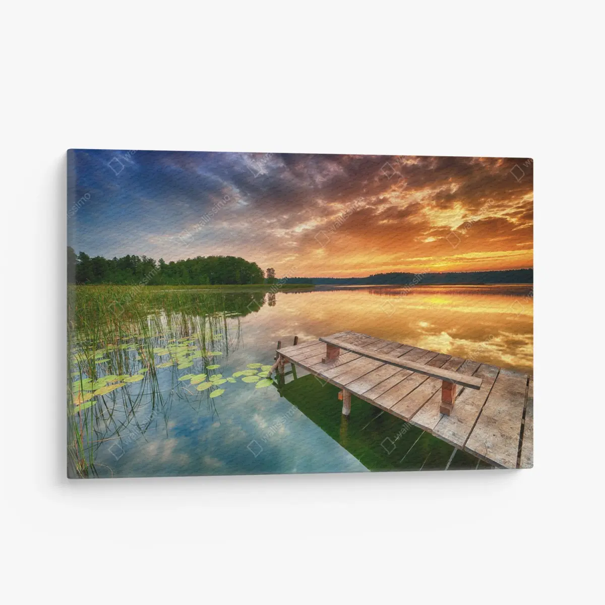 Quadro su tela molo all'alba sul lago dorato • Wallissimo® Quadro su tela molo all'alba sul lago dorato • Wallissimo®