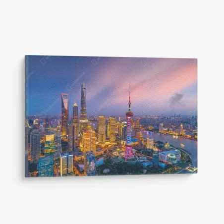 Quadro su tela tramonto vibrante sulla skyline di Shanghai • Wallissimo®