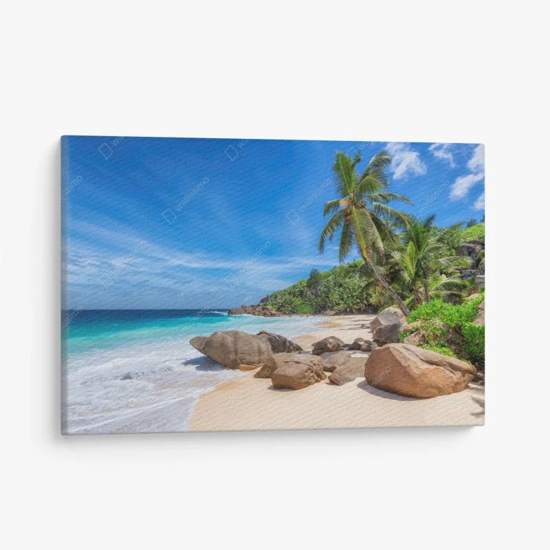 Quadro su tela oasi tropicale con palme e rocce sulla spiaggia