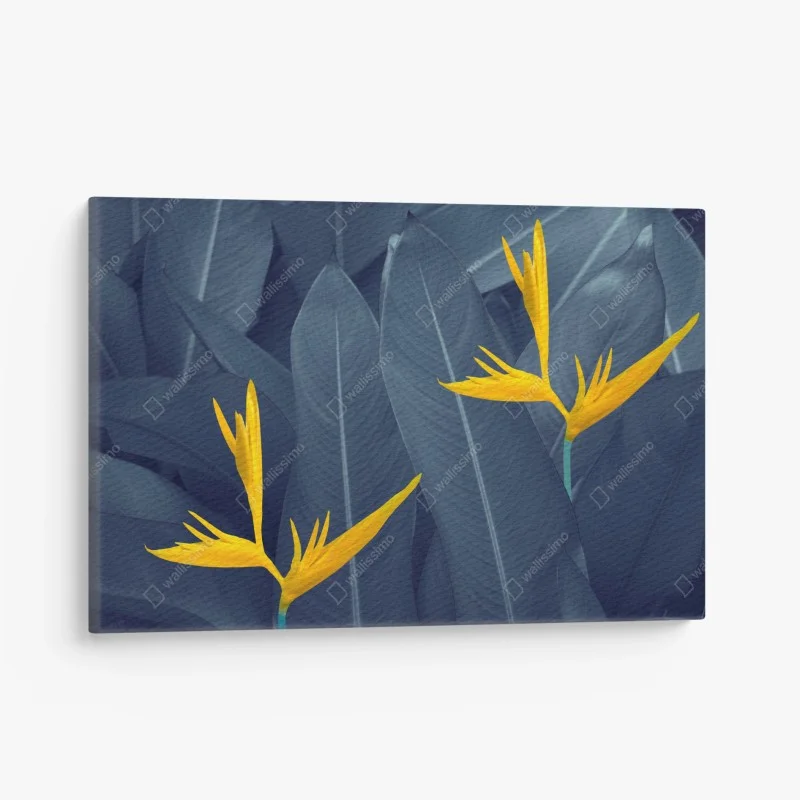 Quadro su tela contrasto tropicale: fiori gialli su foglie blu