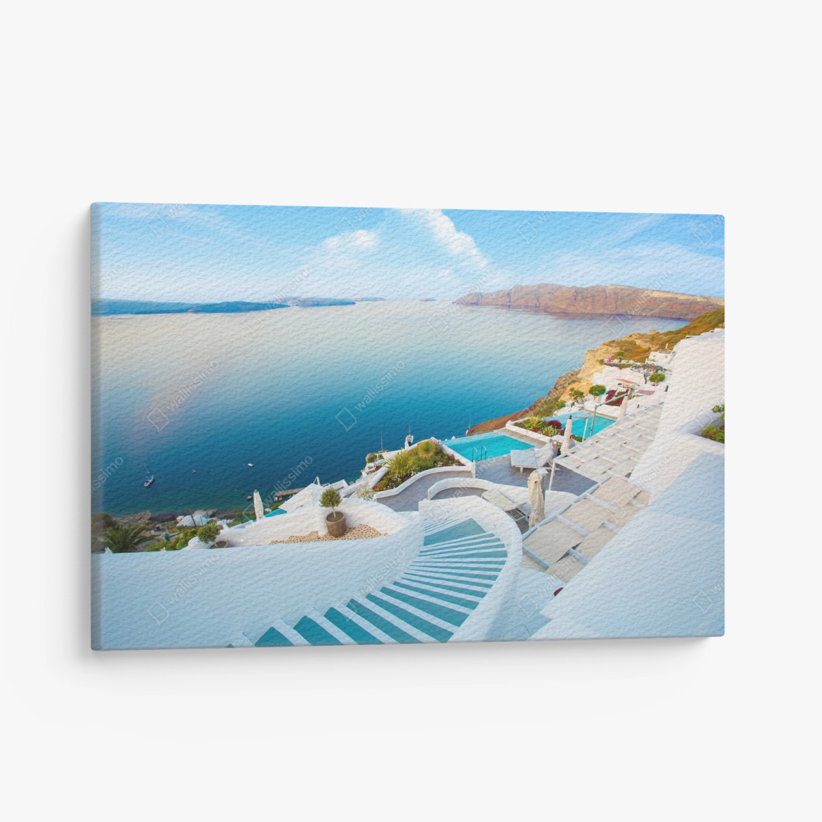 Quadro su tela vista panoramica di Santorini con caldera e scalinate • Wallissimo®