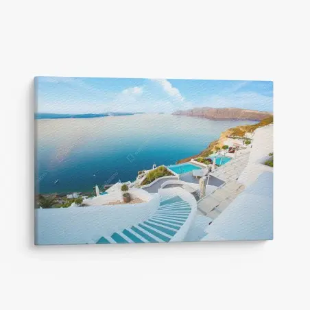 Quadro su tela vista panoramica di Santorini con caldera e scalinate • Wallissimo®