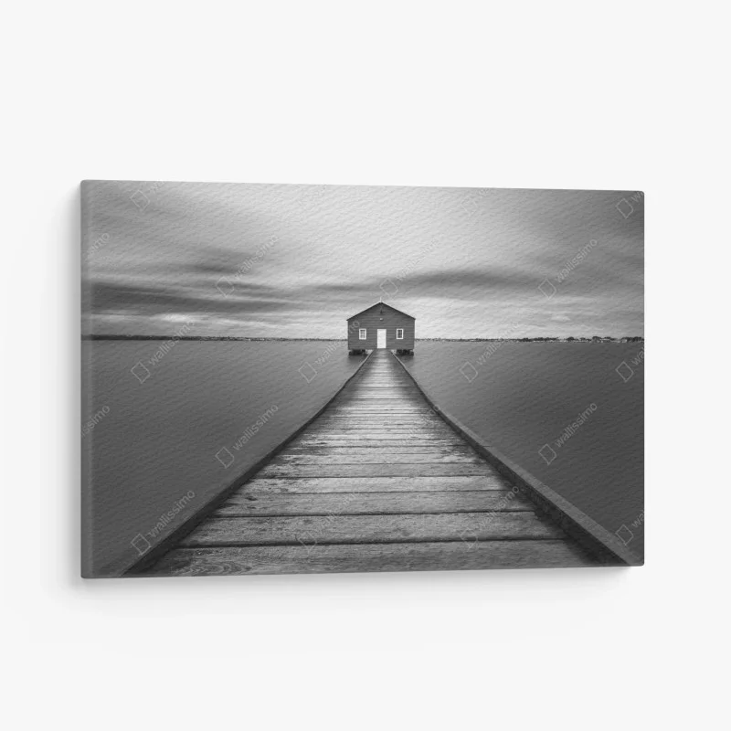 Quadro su tela casetta sul molo - quiete in bianco e nero