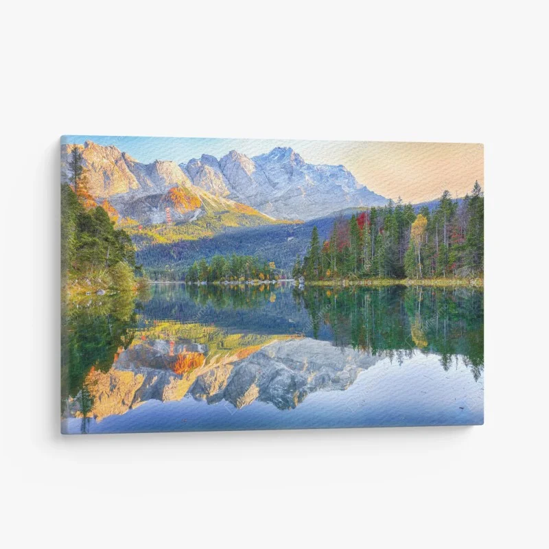 Quadro su tela riflessi autunnali sul lago Eibsee ai piedi della Zugspitze
