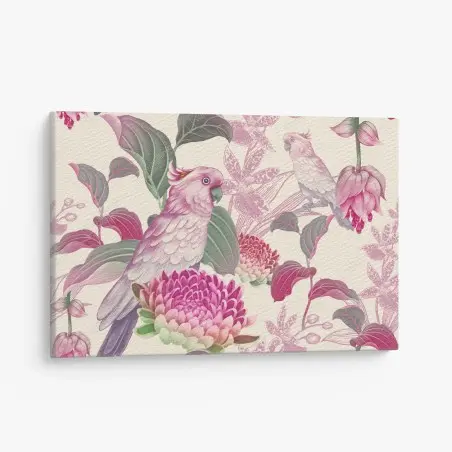 Quadro su tela cacatua rosa su motivo botanico elegante • Wallissimo®