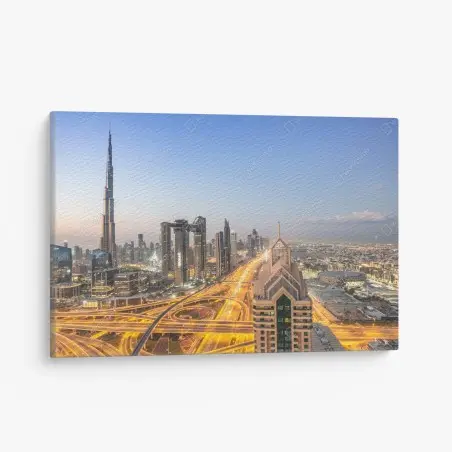 Quadro su tela skyline al crepuscolo di Dubai con Burj Khalifa • Wallissimo®