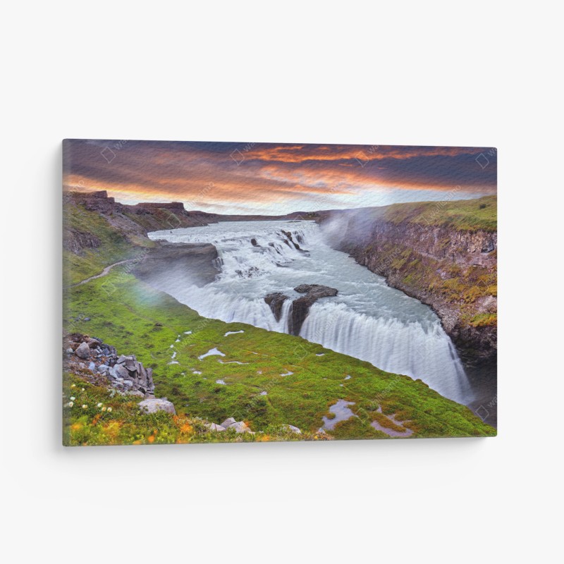 Quadro su tela tramonto su Gullfoss, cascata d'Islanda