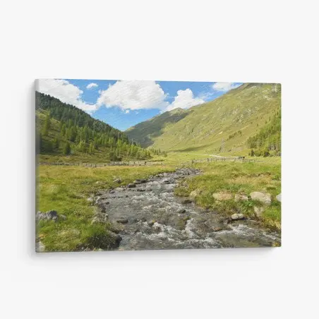 Quadro su tela panorama alpino con torrente e prati • Wallissimo®