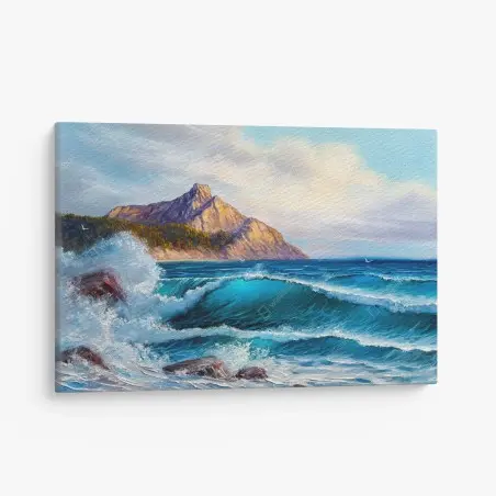 Quadro su tela onda turchese sulle scogliere al tramonto • Wallissimo®