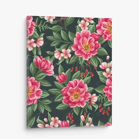 Quadro su tela motivo floreale acquerellato rosa su sfondo scuro • Wallissimo®