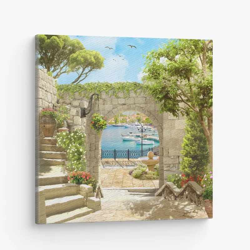 Quadro su tela vista sul porto attraverso l'arco in pietra