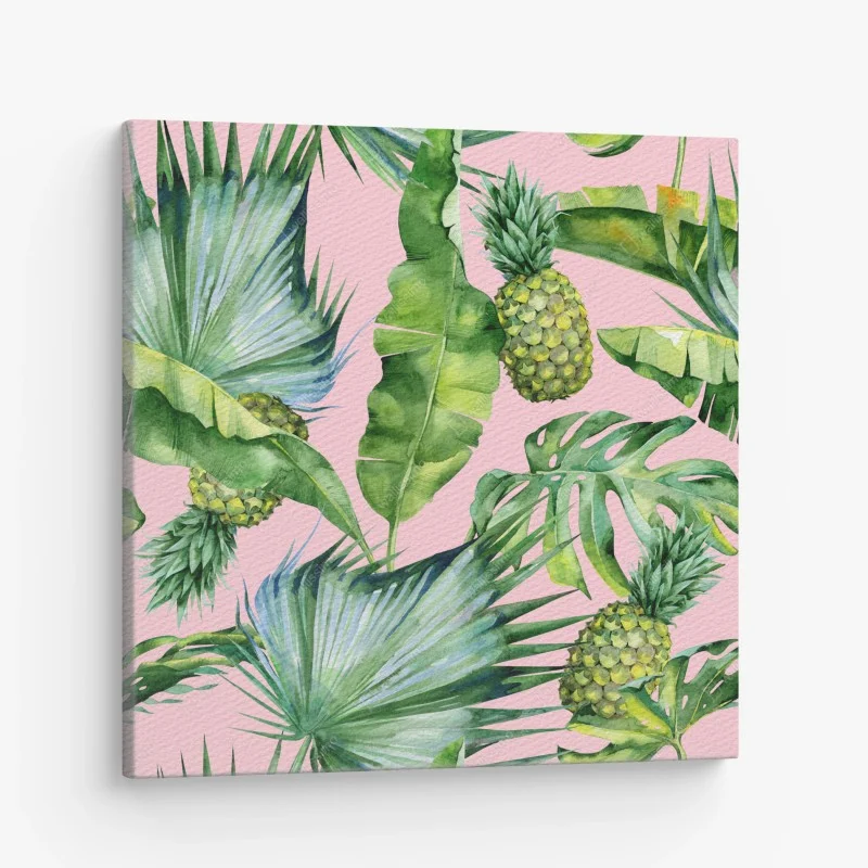 Quadro su tela motivo tropicale acquerello con ananas su sfondo rosa