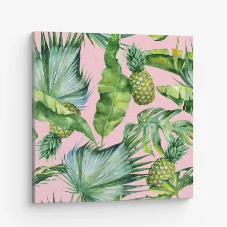 Quadro su tela motivo tropicale acquerello con ananas su sfondo rosa • Wallissimo®
