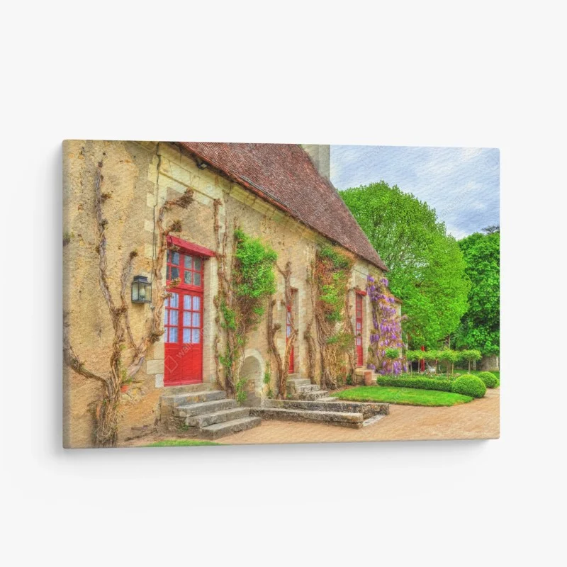 Quadro su tela facciata di campagna con porte rosse e glicine
