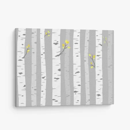 Quadro su tela foresta di betulle minimal con foglie gialle • Wallissimo®