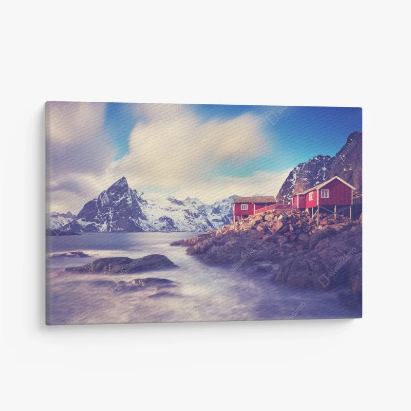 Quadro su tela rifugio rosso sul fiordo innevato