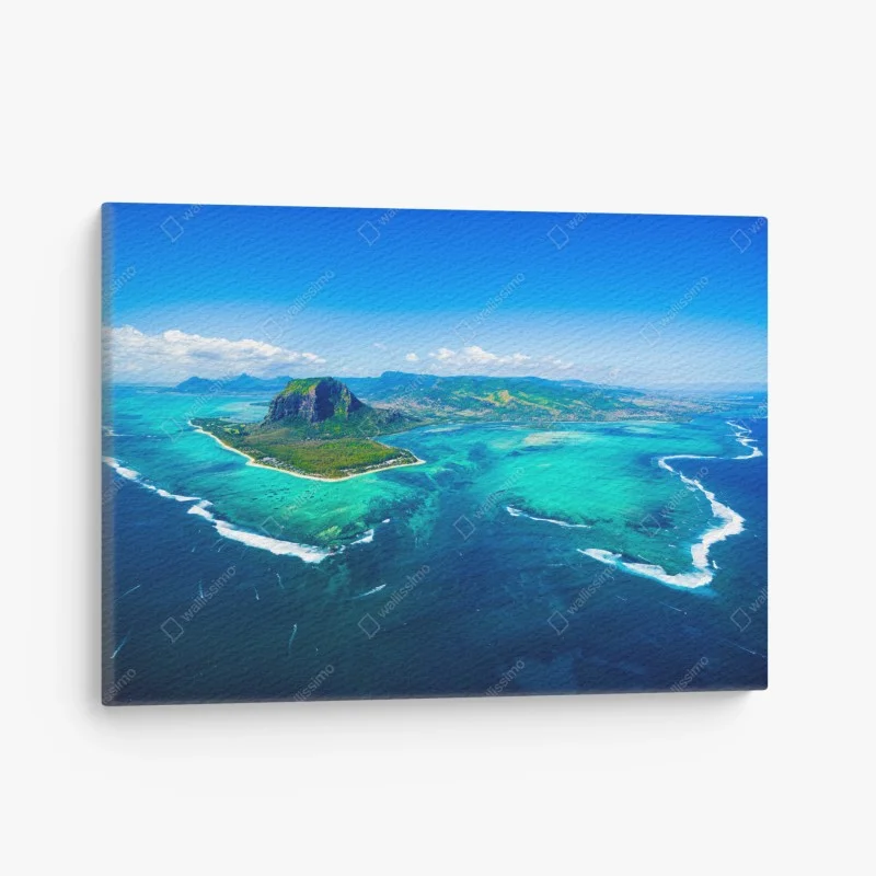 Quadro su tela panorama aereo della laguna di Mauritius con Le Morne Brabant