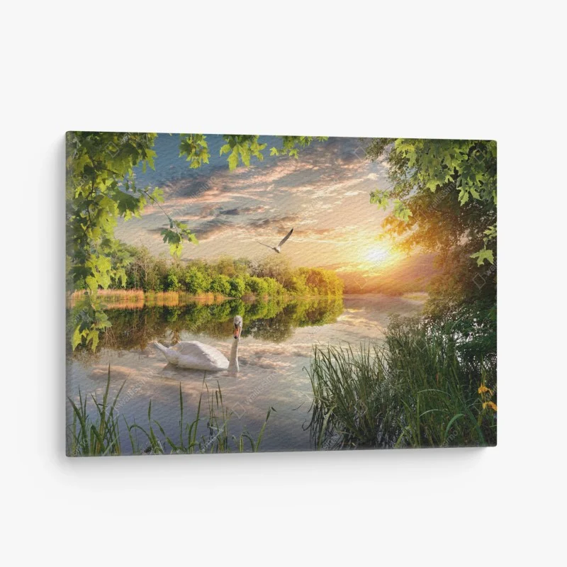 Quadro su tela tramonto sul lago con cigno e riflessi