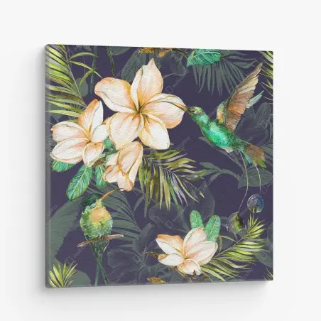 Quadro su tela motivo tropicale con colibrì e plumeria su sfondo scuro • Wallissimo®