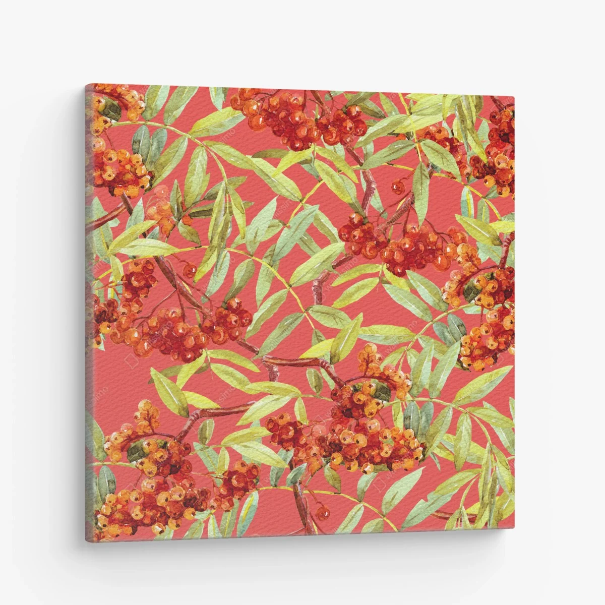 Quadro su tela motivo botanico di bacche di sorbo su sfondo corallo • Wallissimo® Quadro su tela motivo botanico di bacche di sorbo su sfondo corallo • Wallissimo®