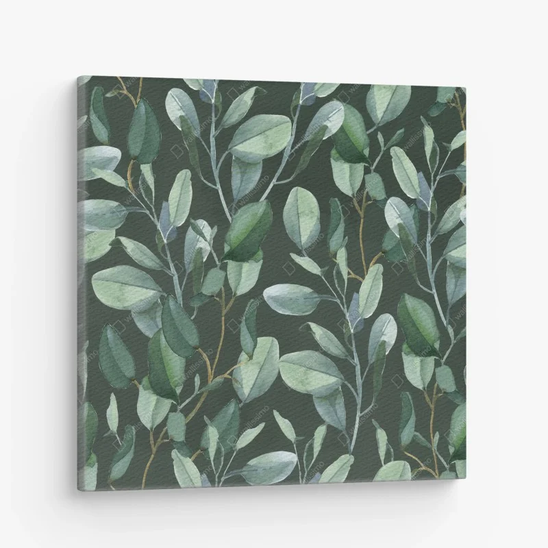 Quadro su tela motivo botanico di eucalipto su fondo verde scuro
