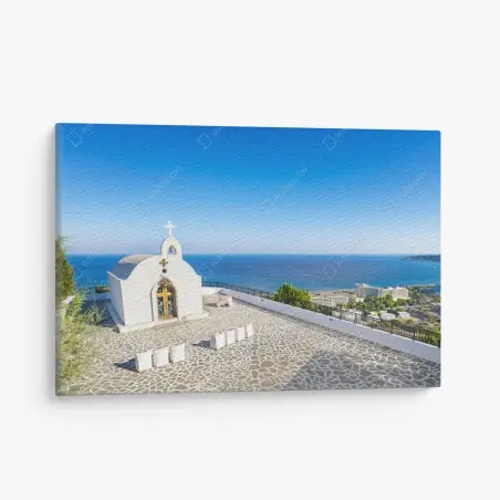 Quadro su tela cappella bianca con vista su Faliraki, Rodi • Wallissimo®