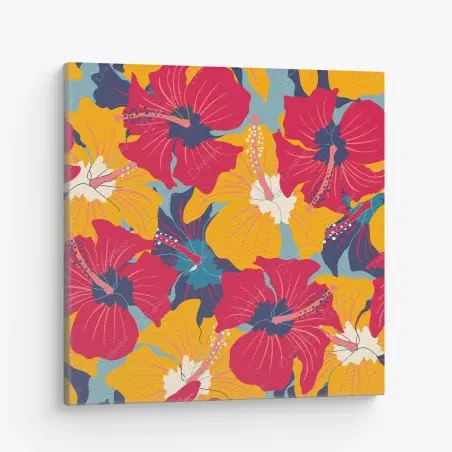 Quadro su tela motivo vintage tropicale di ibischi colorati • Wallissimo®