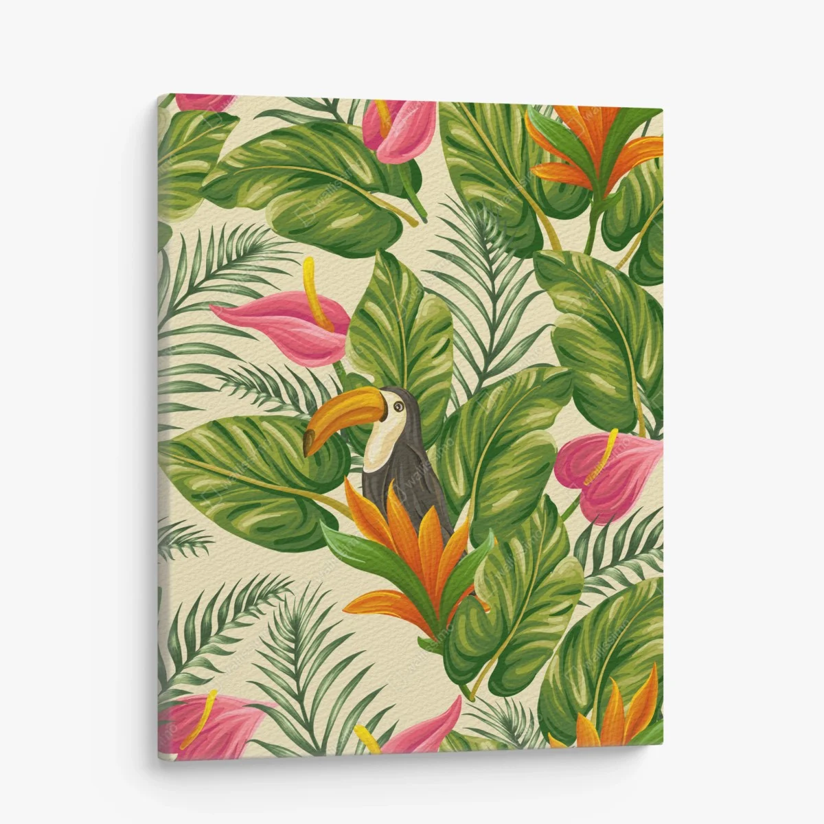 Quadro su tela giungla tropicale con tucano e fiori colorati • Wallissimo® Quadro su tela giungla tropicale con tucano e fiori colorati • Wallissimo®