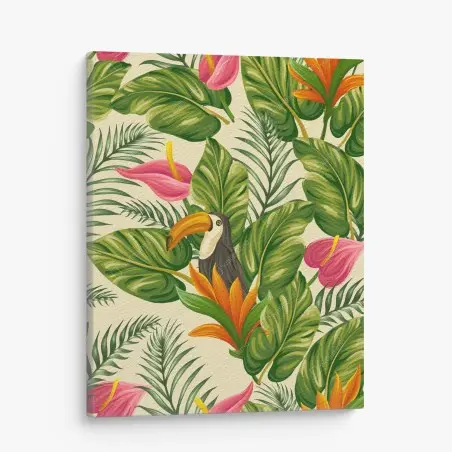 Quadro su tela giungla tropicale con tucano e fiori colorati • Wallissimo®
