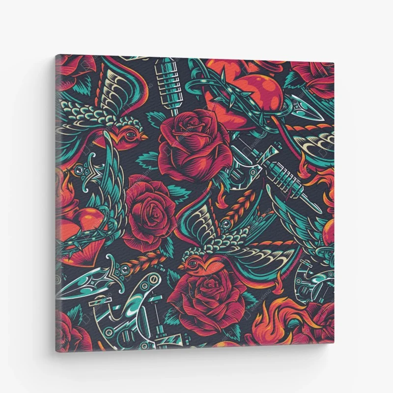 Quadro su tela motivo tattoo retrò con rose e rondini