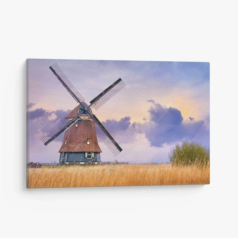 Quadro su tela mulino a vento al tramonto su campo di grano