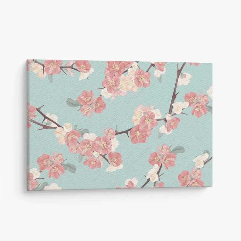 Quadro su tela motivo fiorito di ciliegio su sfondo turchese
