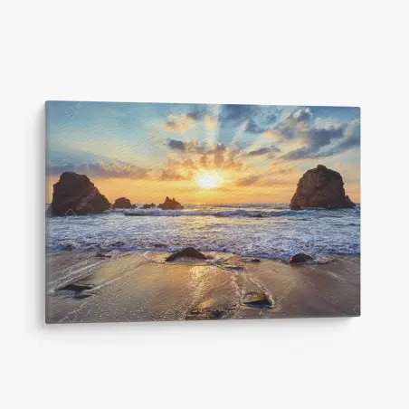Quadro su tela tramonto dorato sulla costa rocciosa • Wallissimo®