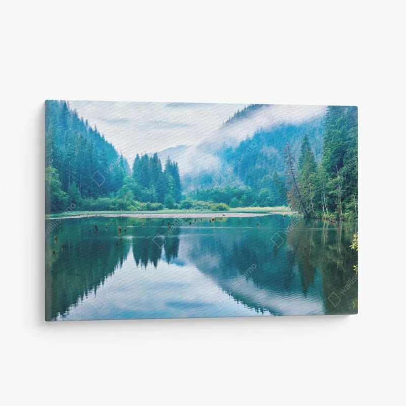 Quadro su tela mattina nebbiosa sul lago Lacu Rosu