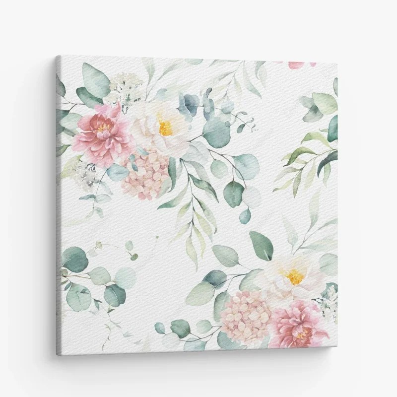 Quadro su tela motivo floreale acquerellato con peonie e foglie di eucalipto