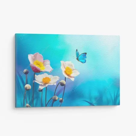 Quadro su tela anemoni rosa e farfalla blu su sfondo celeste • Wallissimo®