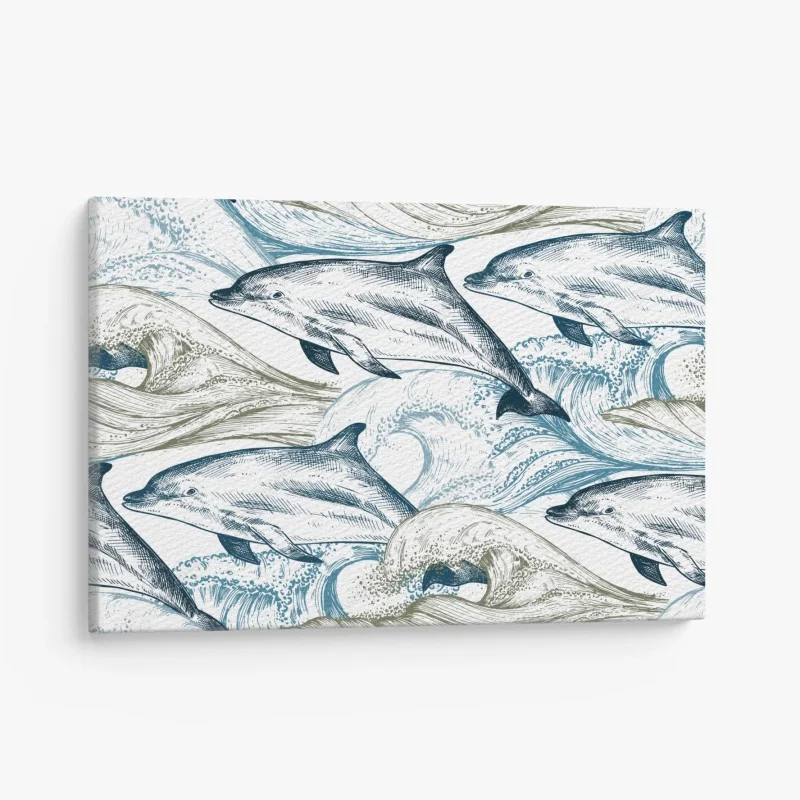 Quadro su tela motivo marino con delfini e onde