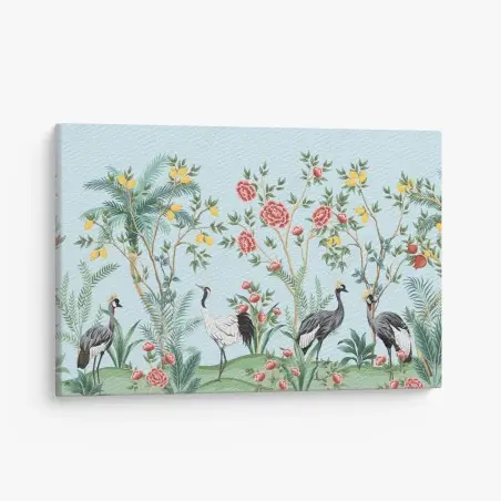 Quadro su tela giardino esotico con gru e fiori ornamentali • Wallissimo®
