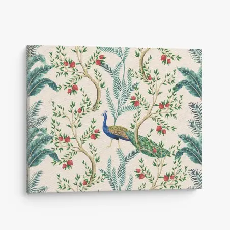 Quadro su tela pavone e melograni su motivo botanico elegante • Wallissimo®
