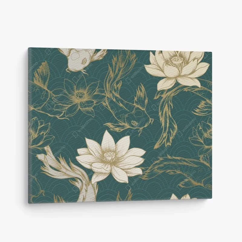 Quadro su tela motivo carpe koi e fiori di loto su sfondo verde petrolio