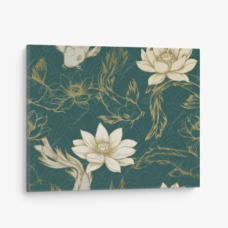 Quadro su tela motivo carpe koi e fiori di loto su sfondo verde petrolio • Wallissimo®