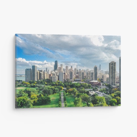 Quadro su tela panoramica urbana di Chicago con parco e lago • Wallissimo®