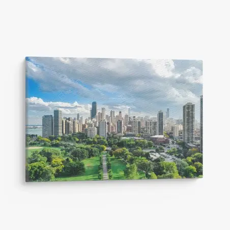 Quadro su tela panoramica urbana di Chicago con parco e lago • Wallissimo®