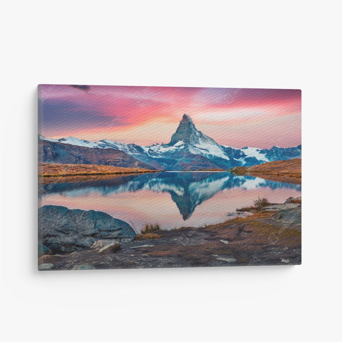Quadro su tela tramonto sul lago Stellisee con il Cervino • Wallissimo®