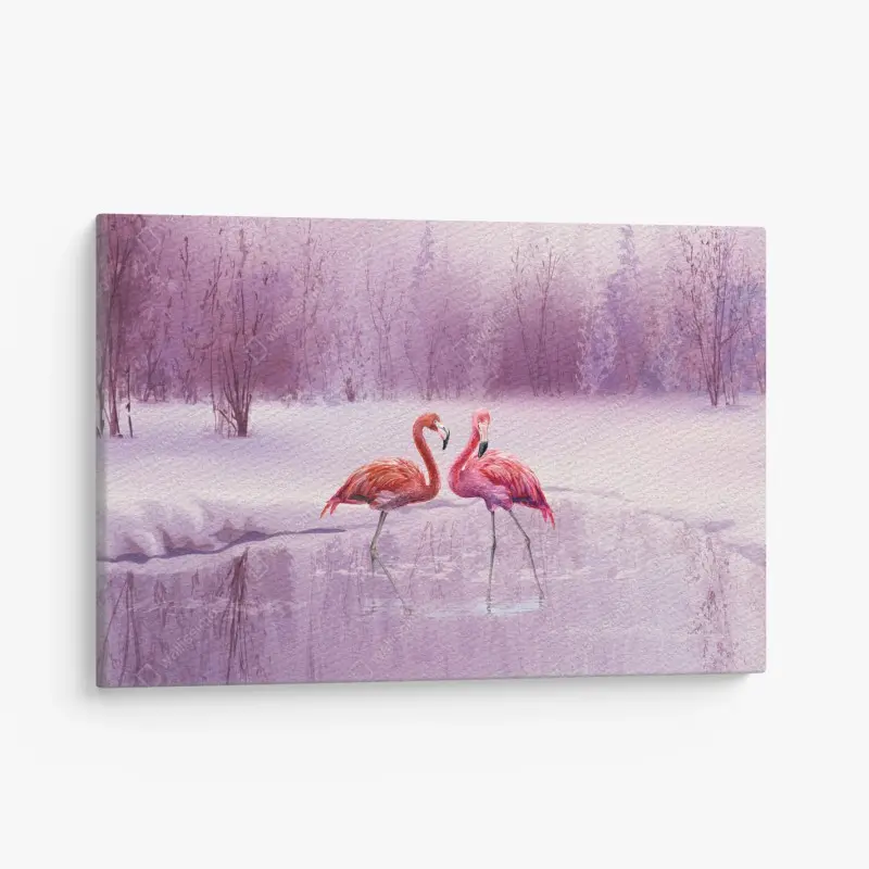 Quadro su tela fenicotteri rosa in paesaggio invernale onirico