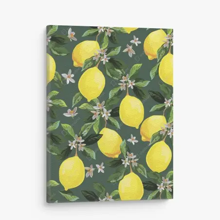 Quadro su tela stampa limoni e fiori su sfondo verde scuro • Wallissimo®