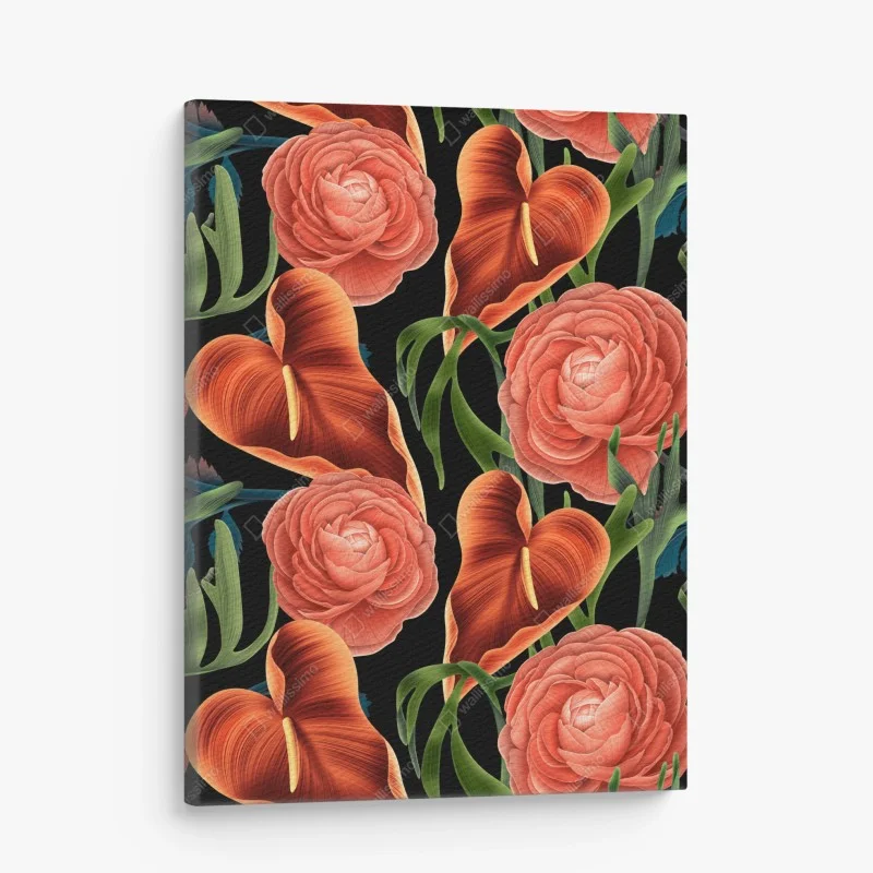 Quadro su tela bouquet floreale su sfondo nero