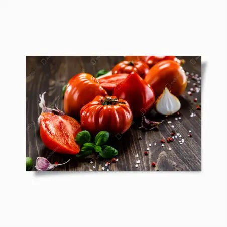 Poster pomodori rustici e basilico su tavola in legno • Wallissimo®
