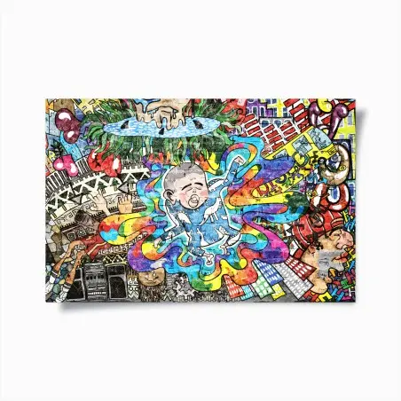 Poster nascita psichedelica: bambino tra colori e città • Wallissimo®