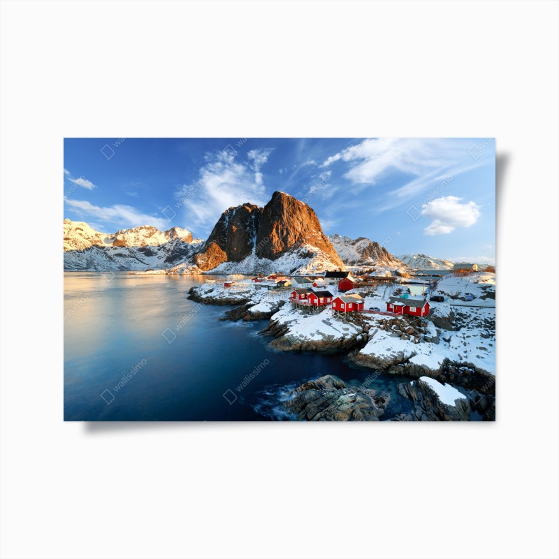 Poster tramonto a Hamnøy, Lofoten: villaggio rosso sul mare